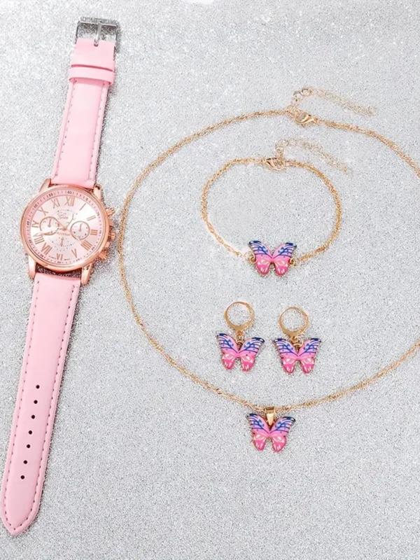 Women's Sweet Quartz Watch & Butterfly Design Jewelry Set, Including Round Dial Watch & Bracelet & Pendant Necklace & Earrings, Fashion Watch Set for Women As Gift