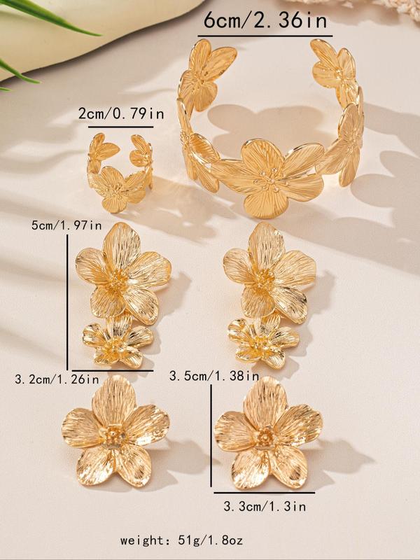 Women's Elegant Flower Design Jewelry Set, 1 4 Counts Exquisite Trendy Stud Earrings & Ring & Bracelet, Fashionable Jewelry Set As Gift for Women