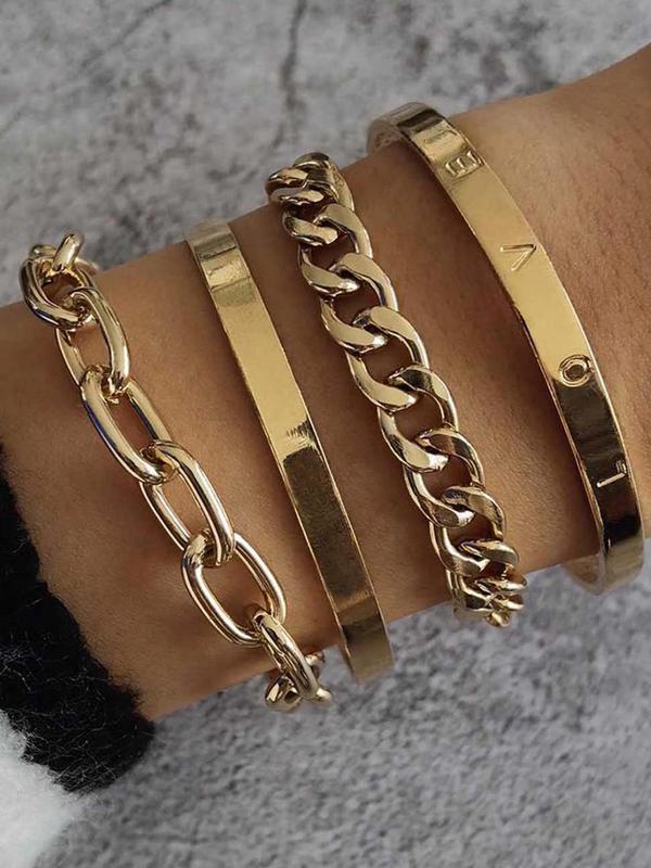 Fashion Letter Decor Hollow Out Cuff Bangle & Link Chain Bracelet, Casual Simple Alloy Jewelry Accessories for Women