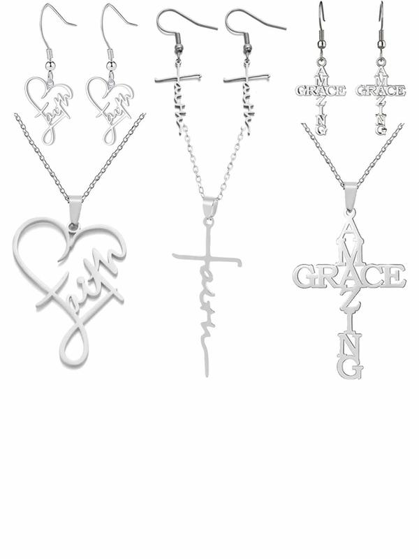 Cross & Letter Themed Earrings & Pendant Necklace, Heart Shaped Letter Slogan Pendant Earrings, Fashion Jewelry Accessories for Women & Men