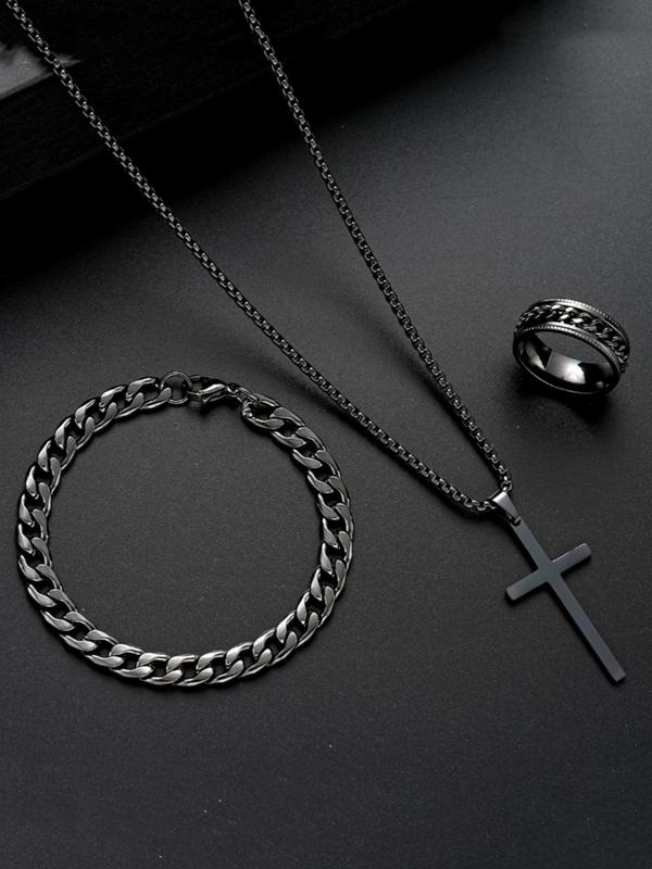 Men's Chain Design Cross Pendant Necklace & Ring & Bracelet, Fashion Jewelry for Party, Daily Clothing Decor, Trendy All-match & Exquisite Jewelry for Birthday Gift