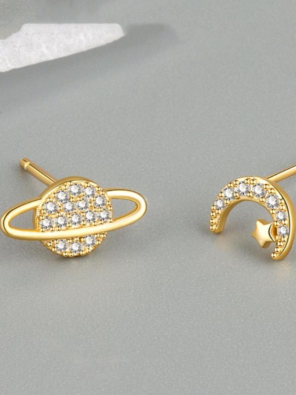 Fashionable Asymmetric Moon & Star Design Earrings,  Rhinestone Decor Stud Earrings, Elegant All-match Jewelry for Girls Gift, Female Classic Fashion Accessories for Daily Wear