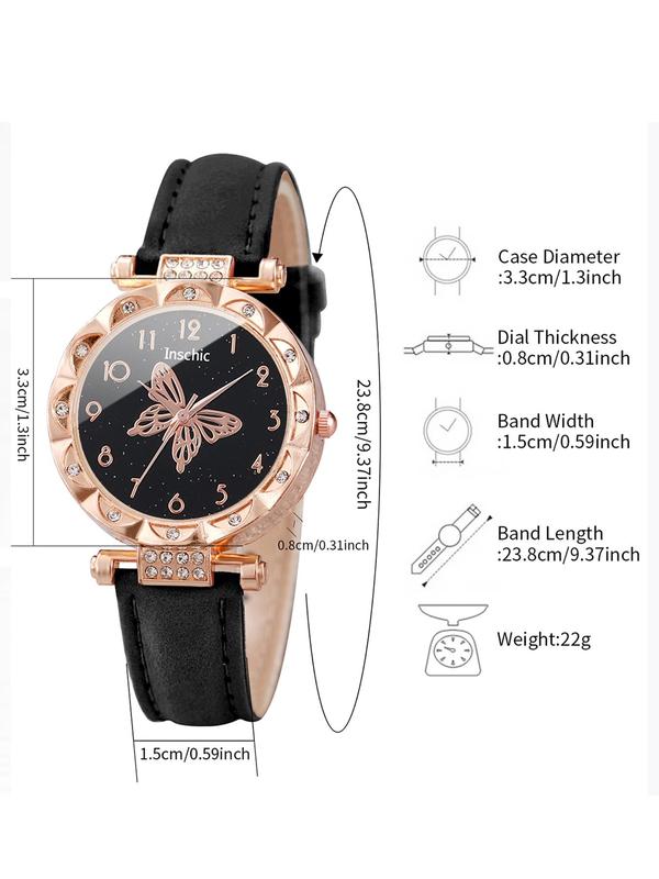 Women's Analog Luxury Watches & Summer Jewelry Set, Quartz Wristwatch & Butterfly Necklace & Bracelet & Earrings & Ring, Girlfriend Gifts without Box