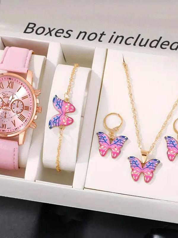 Women's Sweet Quartz Watch & Butterfly Design Jewelry Set, Including Round Dial Watch & Bracelet & Pendant Necklace & Earrings, Fashion Watch Set for Women As Gift