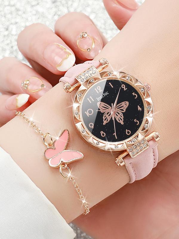 Women's Analog Luxury Watches & Summer Jewelry Set, Quartz Wristwatch & Butterfly Necklace & Bracelet & Earrings & Ring, Girlfriend Gifts without Box