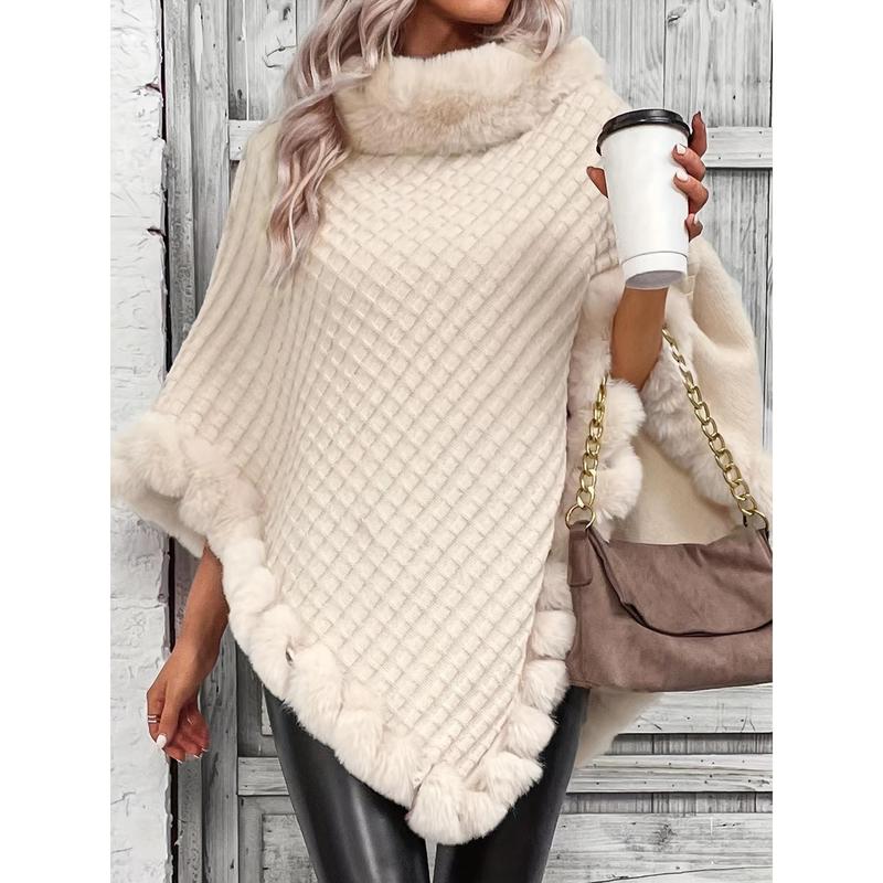 Solid Waffle Grid Fuzzy Trim Poncho, Elegant Thermal Hanky Hem Crew Neck Cape For Fall & Winter, Women's Clothing