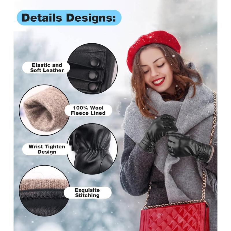 Winter Leather Gloves for Women,Gloves for Women Cold Weather Touch Screen with Wool Fleece Lined,Women PU Warm Glove