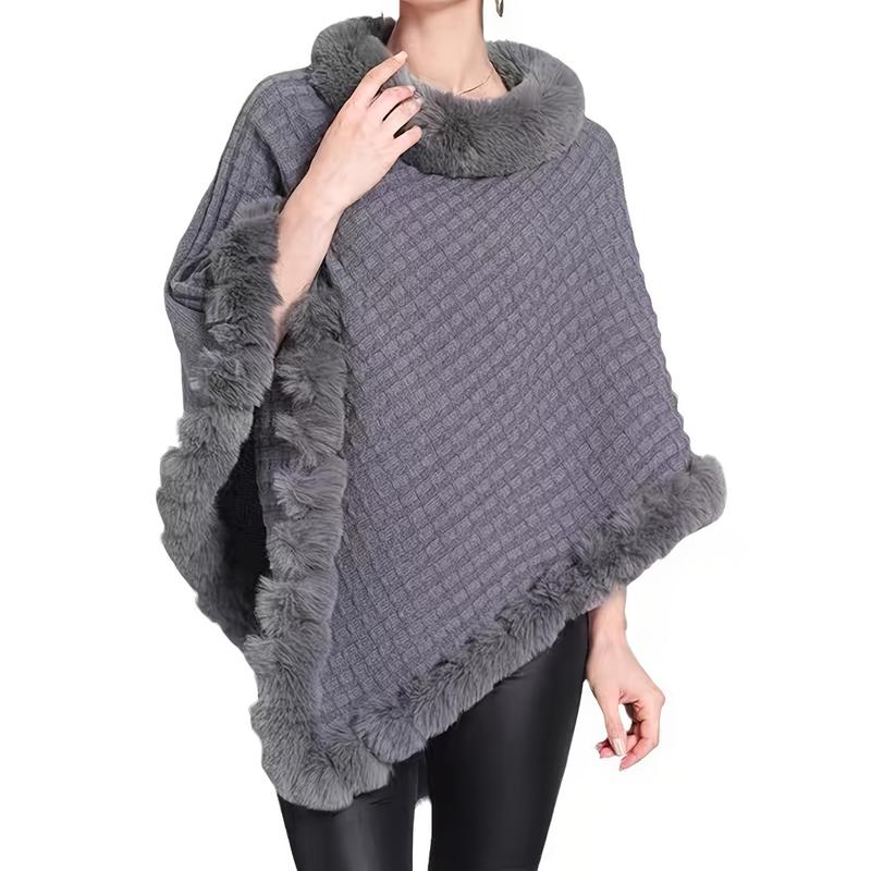 Solid Waffle Grid Fuzzy Trim Poncho, Elegant Thermal Hanky Hem Crew Neck Cape For Fall & Winter, Women's Clothing