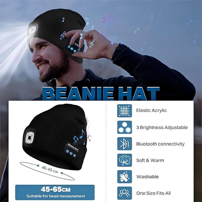 Bluetooth Beanie with Light, Unisex USB Rechargeable 4 LED Fashlight, Hands-Free Music and Calls, Perfect Winter Gift balaclava hat