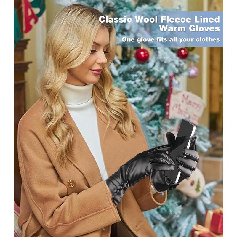 Winter Leather Gloves for Women,Gloves for Women Cold Weather Touch Screen with Wool Fleece Lined,Women PU Warm Glove