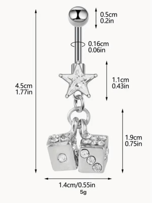 Stainless Steel Belly Ring, Dice & Star Decor Belly Ring, Fashion Body Jewelry for Women & Men