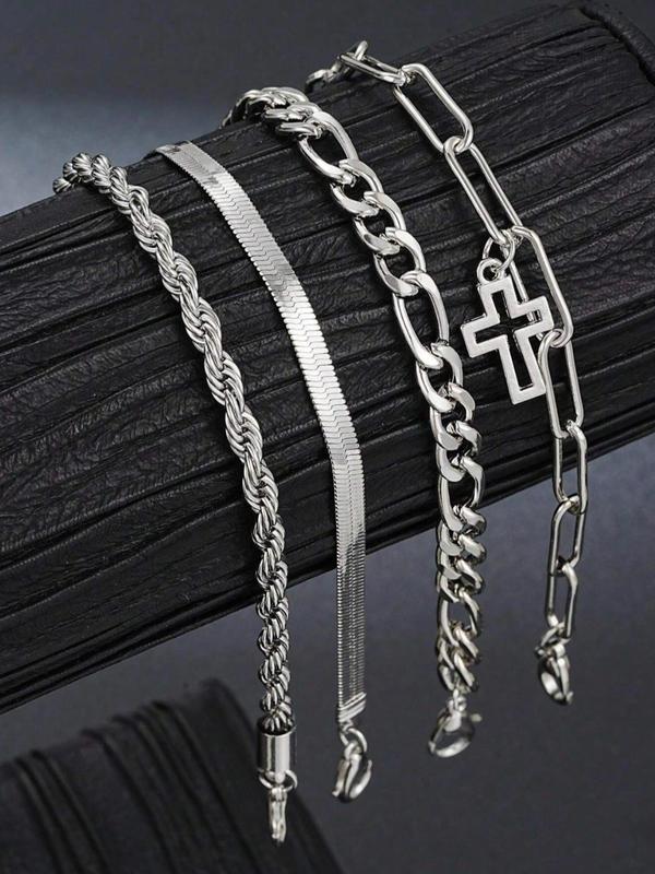 Men's Minimalist Stainless Steel Cross Pendant Necklace & Bracelet, Casual Jewelry Set for Party, Daily Clothing Decor, Trendy All-match & Exquisite Jewelry for Gift