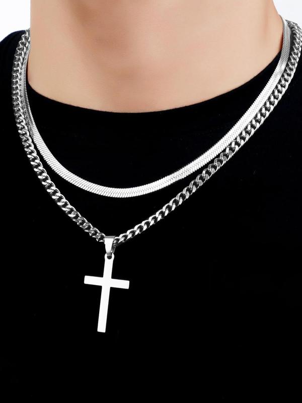 Men's Simple Style Plain Color Cross Necklace & Chain Necklace Set, Casual Trendy Necklace for Party & Daily Clothing Decor, Exquisite Jewelry for Gift