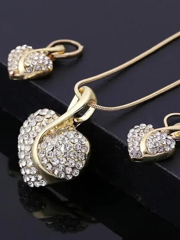 Women's Elegant Rhinestone Decorated Heart Design Pendant Necklace & Dangle Earrings, Exquisite Trendy Jewelry Set, Cute Jewelry Set As Gift for Girlfriend