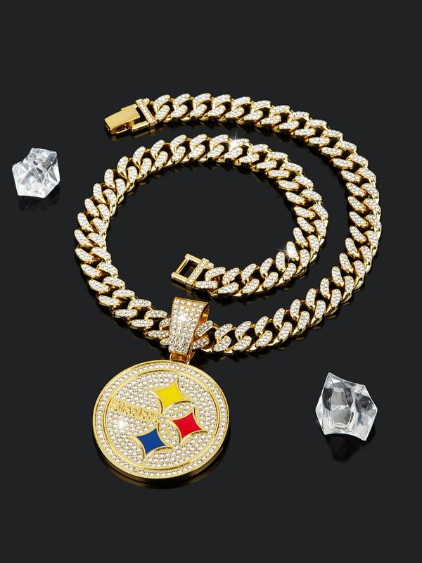 Luxury Rhinestone Decor Pendant Necklace for Men & Women, Trendy Hip Hop Street Punk Round Charm Chunky Cuban Chain Necklace, Fashion Accessory for Cool Teens, Summer 2024 Chunky Jewelry