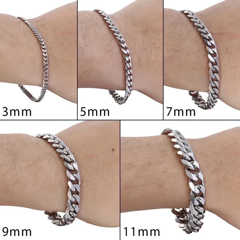 Hermah 3 5 7 9 11mm Silver Bracelet for Men Women Stainless Steel Curb Cuban Link Chain Bracelet 7inch-10inch