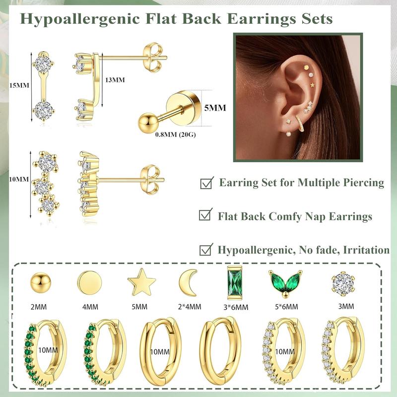 Dainty Gold Flat Back Earrings Hypoallergenic Cartilage Earring Sets for Multiple Piercing 20G Surgical Stainless Steel Earrings Flatback Stud Earring