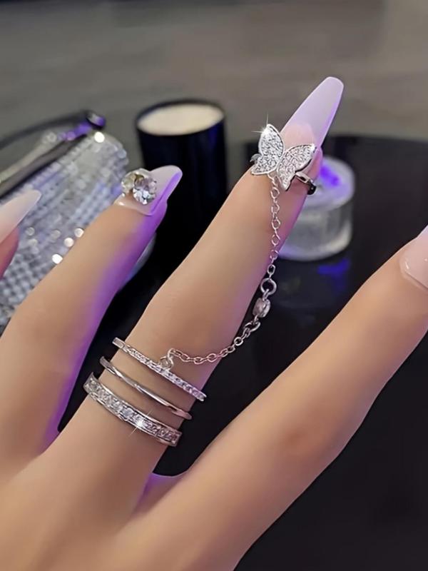 Sparkly Rhinestone Butterfly Design Promise Rings for Her, Adjustable Finger Joint Wedding Ring, Fashion Jewelry Accessories for Women & Girls