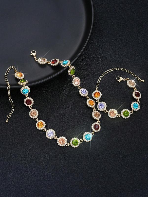 Women's Elegant Rhinestone Decorated Necklace & Bracelet, Exquisite Trendy Jewelry Set, Fashionable Accessories for Party & Daily Clothing Decor