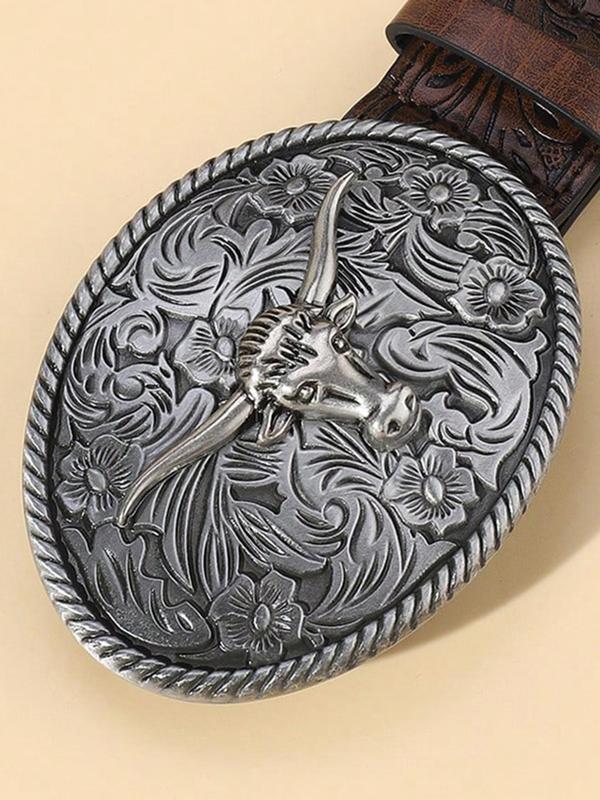 Random Western Vintage Pattern Decorative Belt for Men and Women, Fashion Buckle Adjustable PU Leather Western Belts