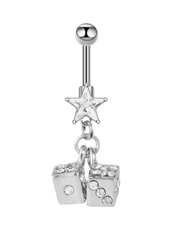 Stainless Steel Belly Ring, Dice & Star Decor Belly Ring, Fashion Body Jewelry for Women & Men