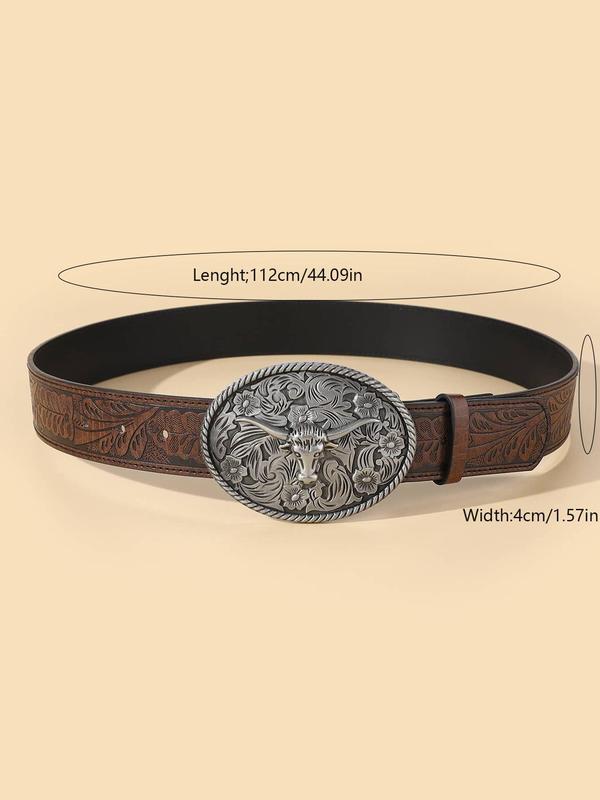 Random Western Vintage Pattern Decorative Belt for Men and Women, Fashion Buckle Adjustable PU Leather Western Belts