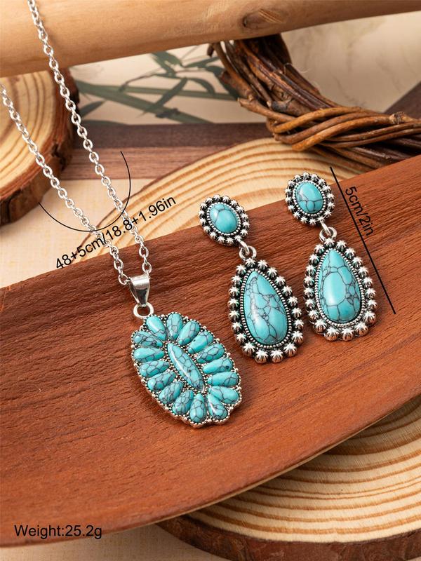 Boho Style Turquoise Texture Design Jewelry, 1 Count Pendant Necklace 1 Pair Water Drop Shaped Dangle Earrings 3 Counts Vintage Jewelry Set for Women & Girls