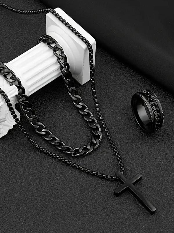 Men's Fashion Jewelry Set, Versatile Cross Necklace & Curb Chain Bracelet & Ring for Daily Wear, Trendy & All-match Accessories for Both Men & Women