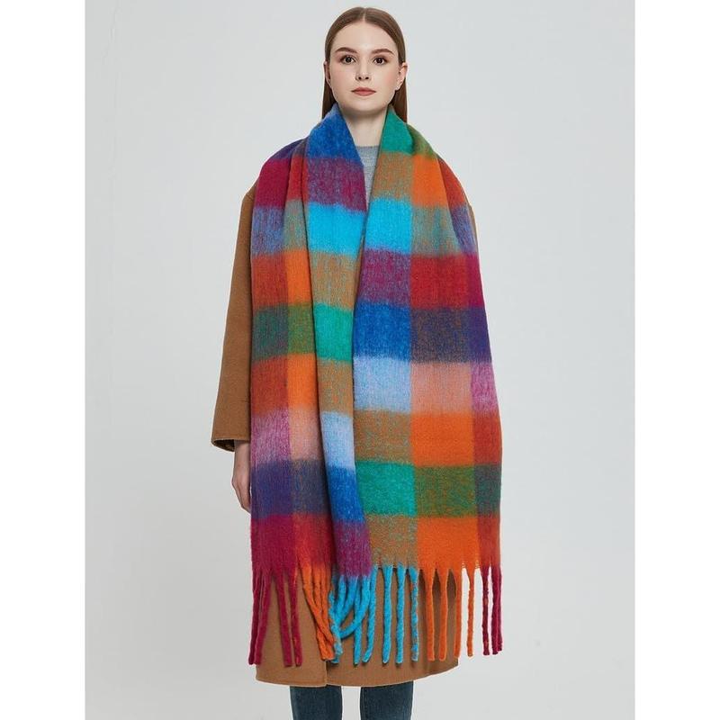 women winter thickened cape imitation mohair multicoloured plaid scarf