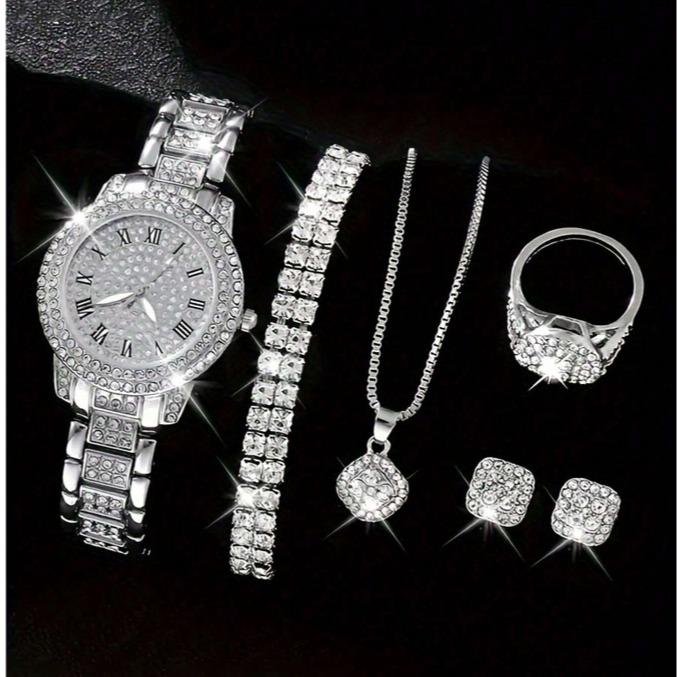 6PCS Set Fashionable Women's Quartz Luxury Watch Set - Full Crystal Digit Bracelet Wristwatch with 5 Accessories Included for Stylish Looks