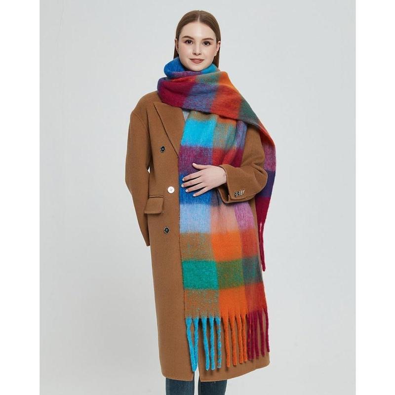 women winter thickened cape imitation mohair multicoloured plaid scarf