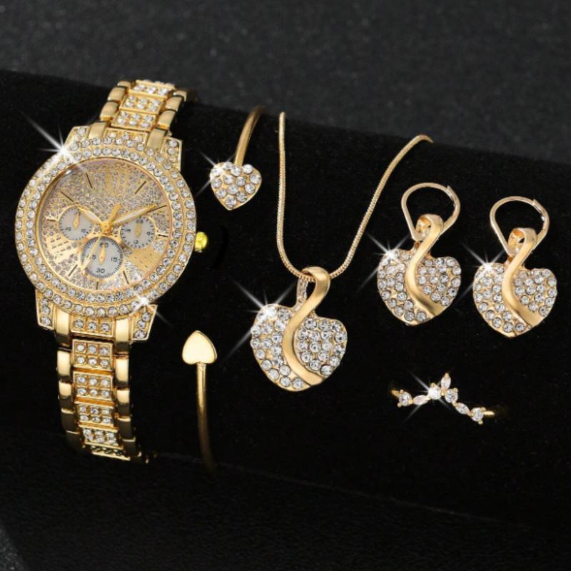 6pcs Ladies Watch Gold Watch Gorgeous Style Women's Alloy Steel Band Quartz Watch With Rhinestone Set