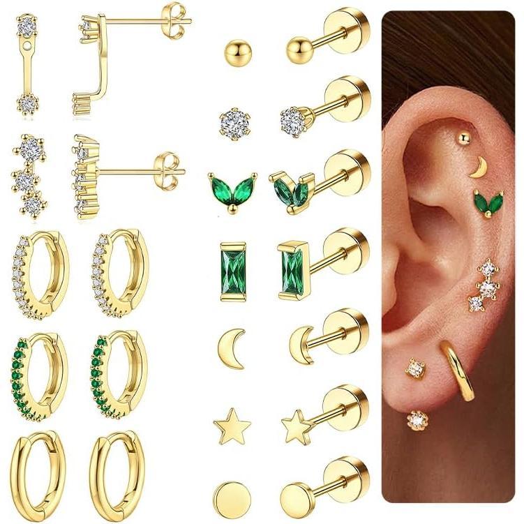 Dainty Gold Flat Back Earrings Hypoallergenic Cartilage Earring Sets for Multiple Piercing 20G Surgical Stainless Steel Earrings Flatback Stud Earring