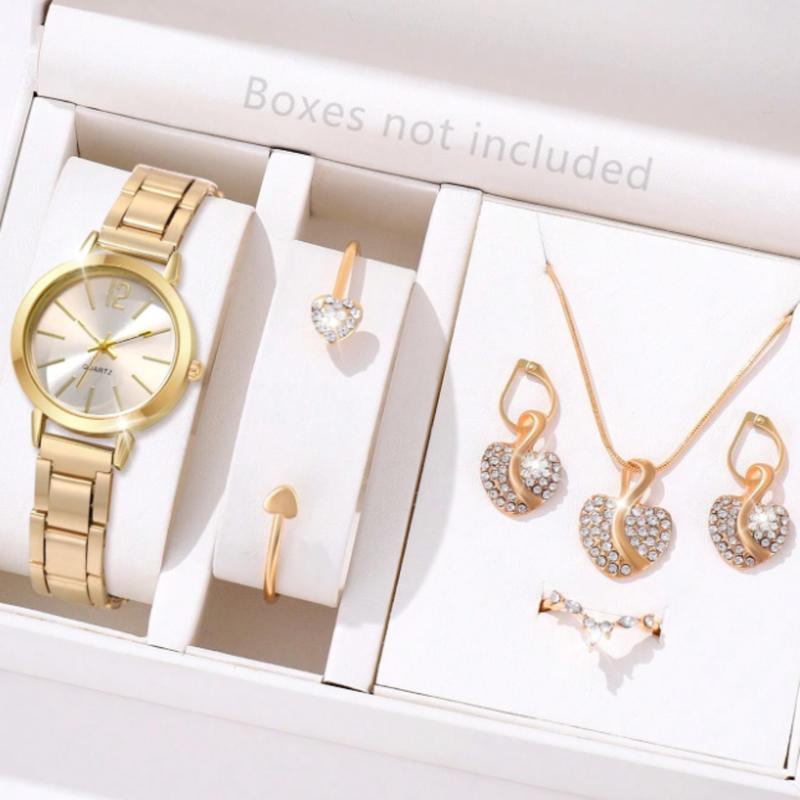 6pcs Ladies Watch Gold Watch Gorgeous Style Women's Alloy Steel Band Quartz Watch With Rhinestone Set