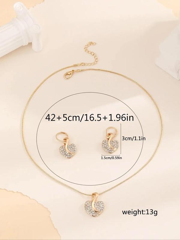 Women's Elegant Rhinestone Decorated Heart Design Pendant Necklace & Dangle Earrings, Exquisite Trendy Jewelry Set, Cute Jewelry Set As Gift for Girlfriend