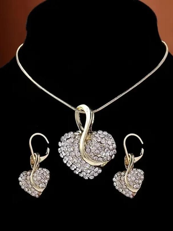 Women's Elegant Rhinestone Decorated Heart Design Pendant Necklace & Dangle Earrings, Exquisite Trendy Jewelry Set, Cute Jewelry Set As Gift for Girlfriend