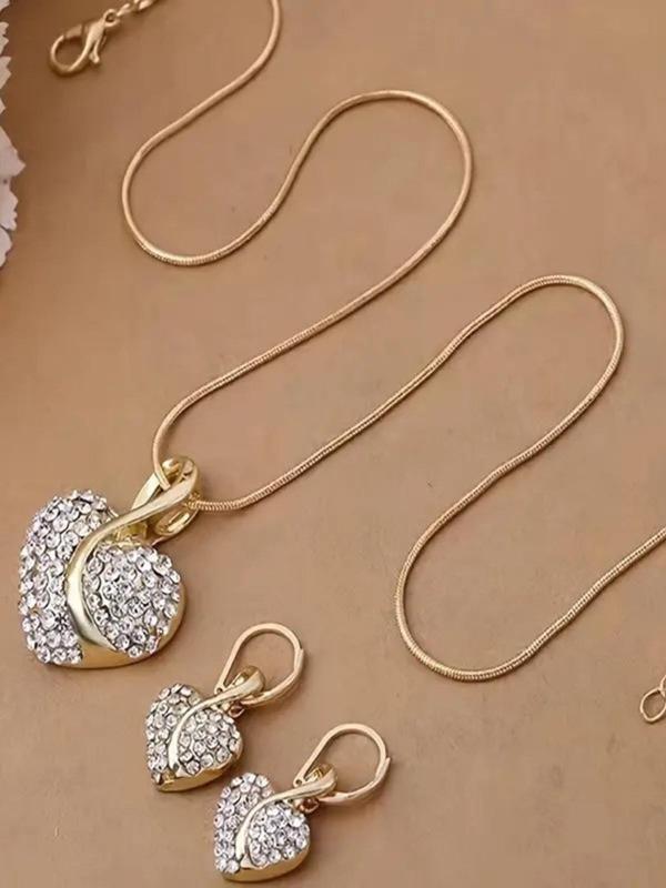 Women's Elegant Rhinestone Decorated Heart Design Pendant Necklace & Dangle Earrings, Exquisite Trendy Jewelry Set, Cute Jewelry Set As Gift for Girlfriend