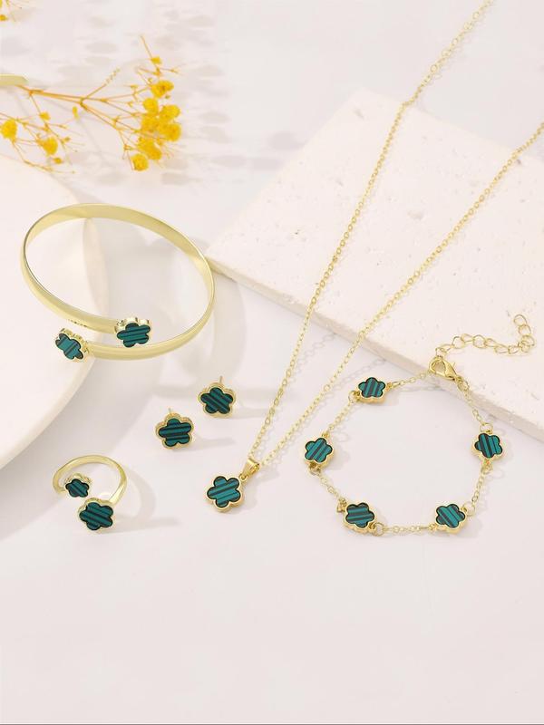 Women's Elegant Flower Design Pendant Necklace & Link Bracelet & Cuff Bangle & Ring & Stud Earrings, Trendy All-match & Exquisite Jewelry Set for Birthday Gift