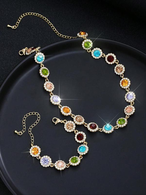 Women's Elegant Rhinestone Decorated Necklace & Bracelet, Exquisite Trendy Jewelry Set, Fashionable Accessories for Party & Daily Clothing Decor