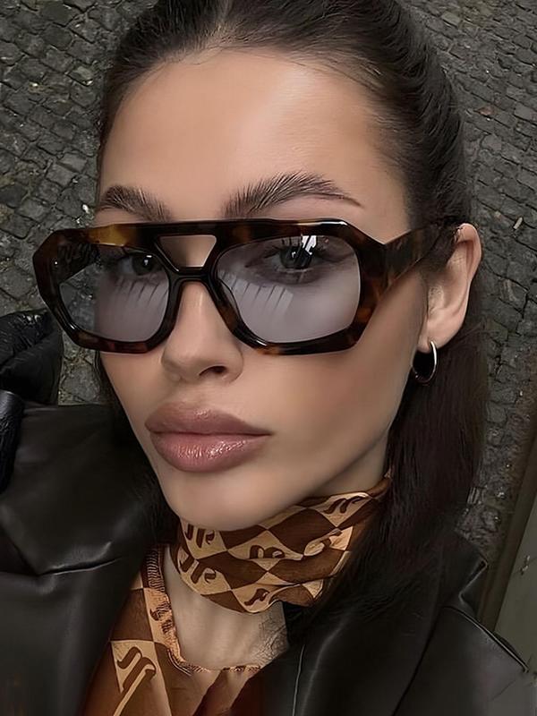 Vintage Trendy Leopard Pattern Sunglasses, Retro Double Bridge Irregular Frame Sunglasses for Everyday Use, Fashion Accessories for Outdoor Activities