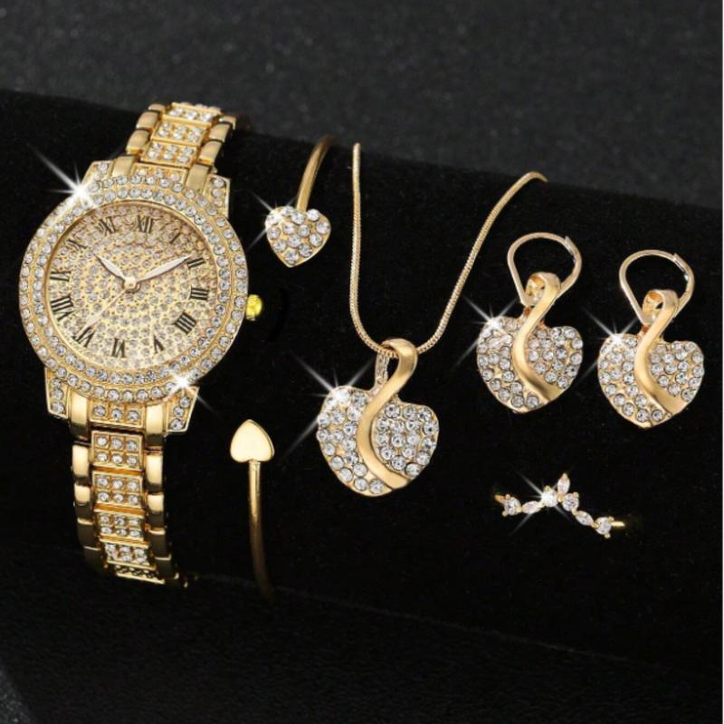 6pcs Ladies Watch Gold Watch Gorgeous Style Women's Alloy Steel Band Quartz Watch With Rhinestone Set