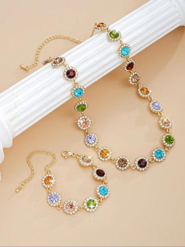 Women's Elegant Rhinestone Decorated Necklace & Bracelet, Exquisite Trendy Jewelry Set, Fashionable Accessories for Party & Daily Clothing Decor