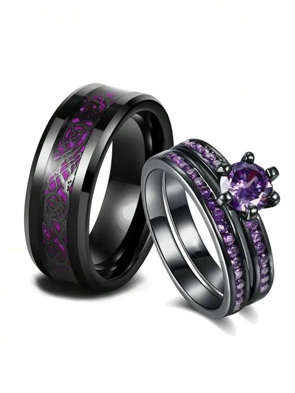 Romantic Fashion Couple Rings for Women Men's Fashion Purple CZ Ring Set Stainless Steel Celtic Dragon Ring Wedding Ring Jewelry Valentine's Day Gift