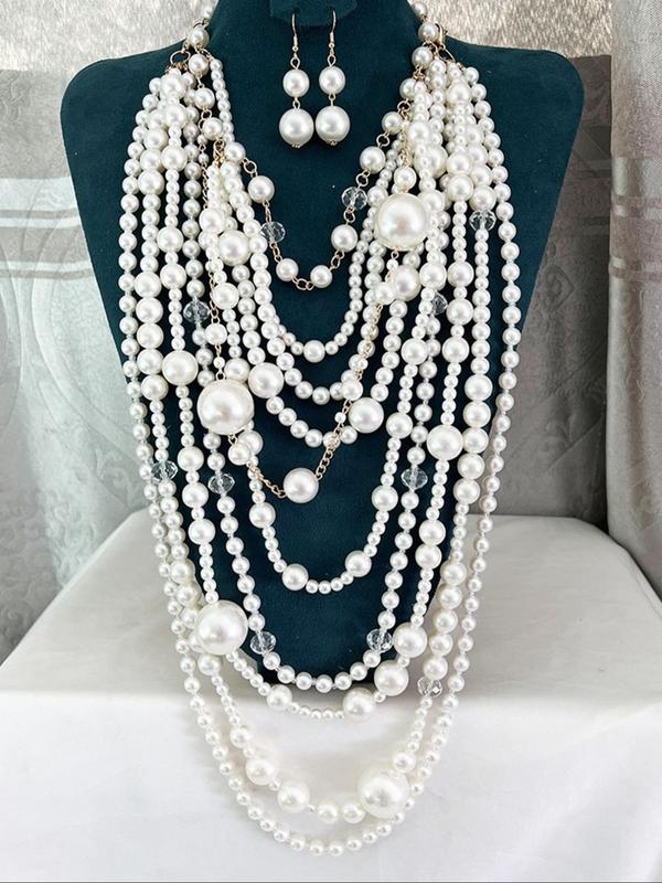 Faux Pearl Decorated Tiered Layer Necklace & Dangle Earrings, Elegant Jewelry Set for Party, Daily Decor, Trendy All-match & Exquisite Jewelry for Birthday Gift