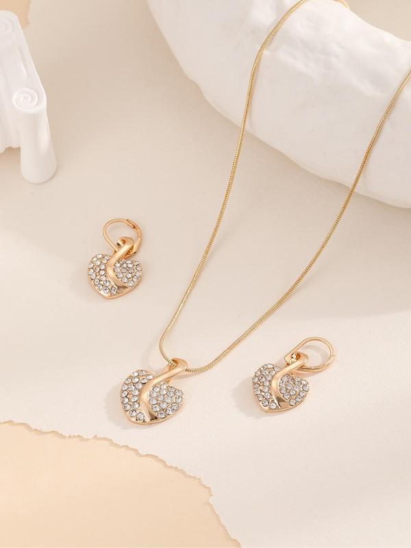 Women's Elegant Rhinestone Decorated Heart Design Pendant Necklace & Dangle Earrings, Exquisite Trendy Jewelry Set, Cute Jewelry Set As Gift for Girlfriend