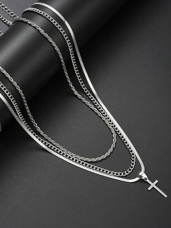 Men's Minimalist Stainless Steel Cross Pendant Necklace & Bracelet, Casual Jewelry Set for Party, Daily Clothing Decor, Trendy All-match & Exquisite Jewelry for Gift