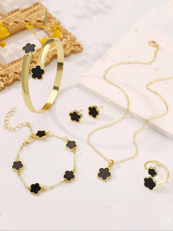 Women's Elegant Flower Design Pendant Necklace & Link Bracelet & Cuff Bangle & Ring & Stud Earrings, Trendy All-match & Exquisite Jewelry Set for Birthday Gift