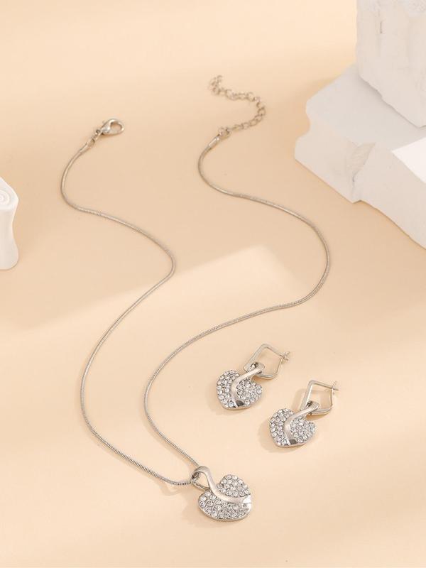 Women's Elegant Rhinestone Decorated Heart Design Pendant Necklace & Dangle Earrings, Exquisite Trendy Jewelry Set, Cute Jewelry Set As Gift for Girlfriend