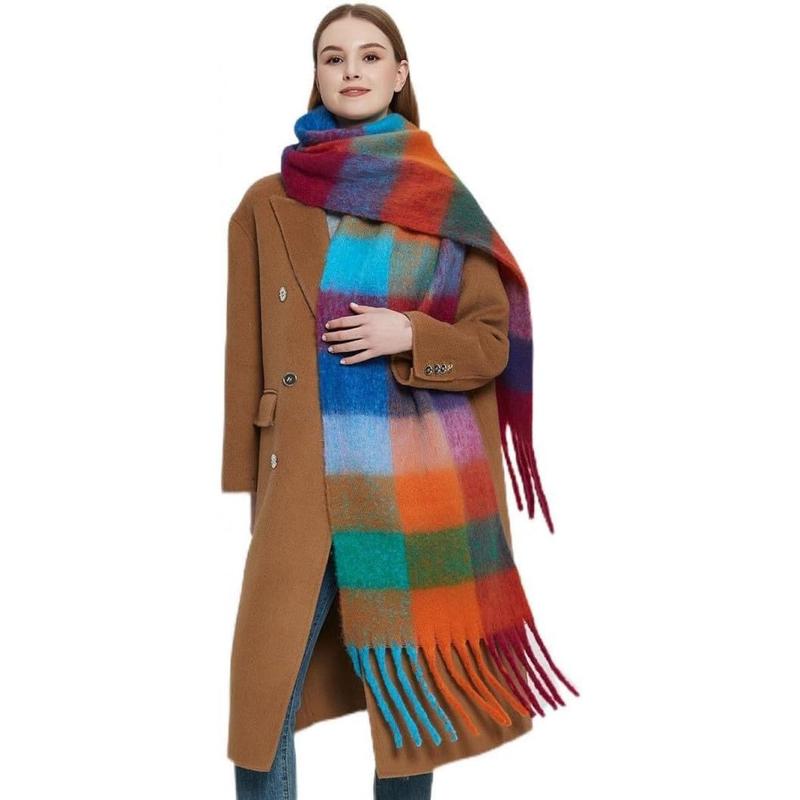 women winter thickened cape imitation mohair multicoloured plaid scarf