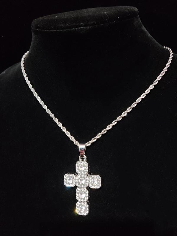 Summer Rhinestone Decor Cross Necklace for Men & Women, Stainless Steel Charm Necklace for Daily Wear, Hip Hop Trendy Iced Out Jewelry